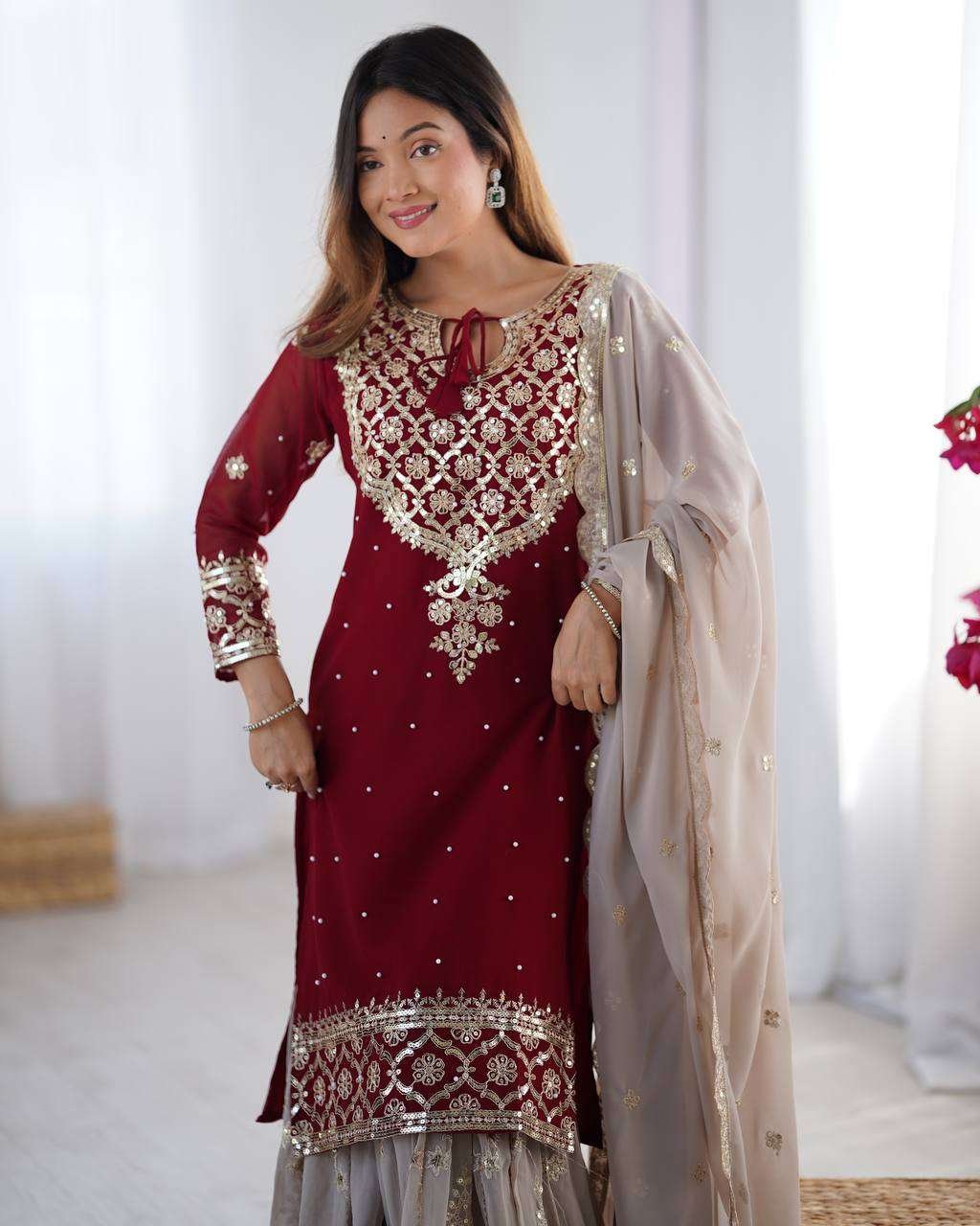 Women's Faux Georgette Sequins Embroidered Straight Kurta With Sharara Suit and Dupatta Set