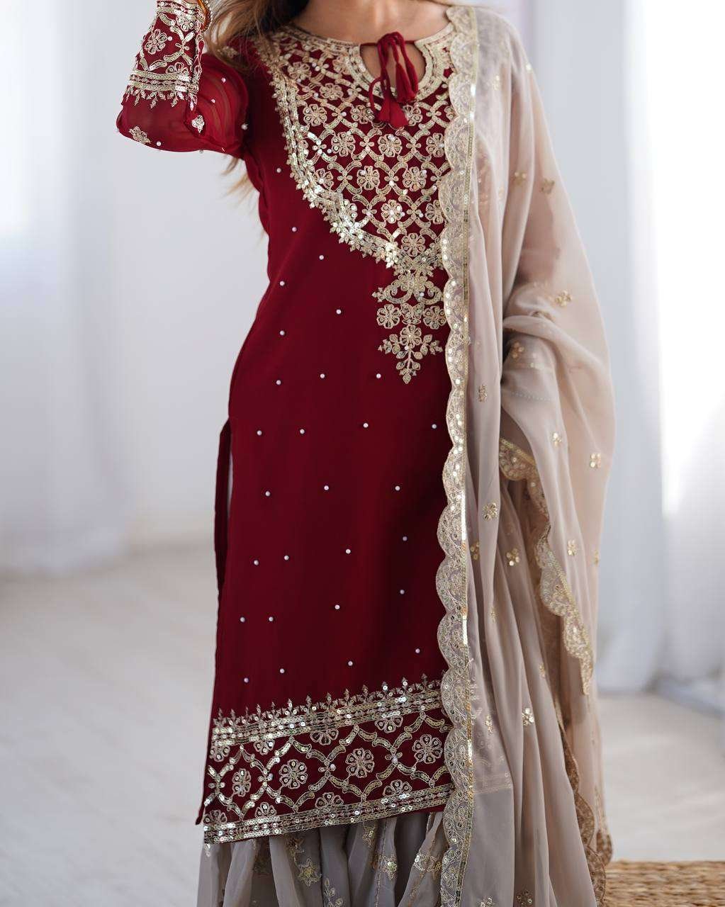 Women's Faux Georgette Sequins Embroidered Straight Kurta With Sharara Suit and Dupatta Set - Image 3